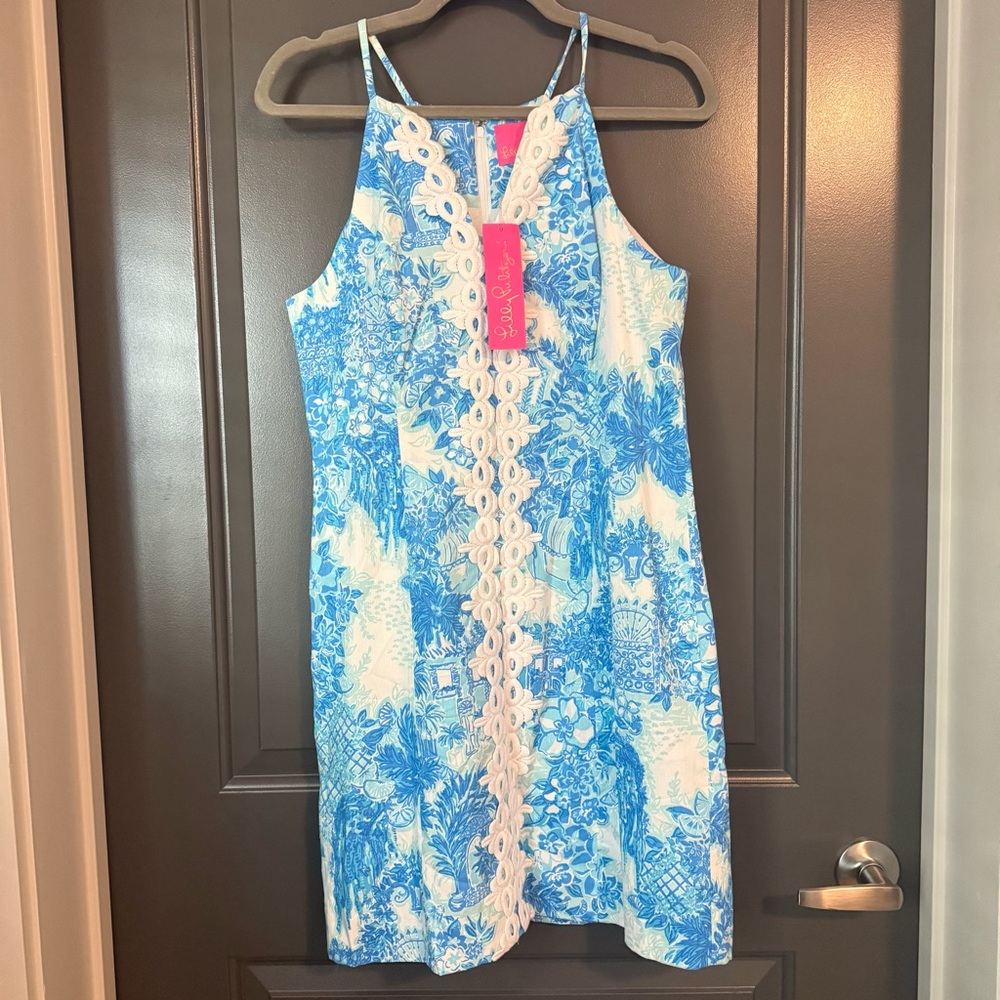 Lilly Pulitzer Blue and White Peal Stretch Shift Dress - size 8 NWT